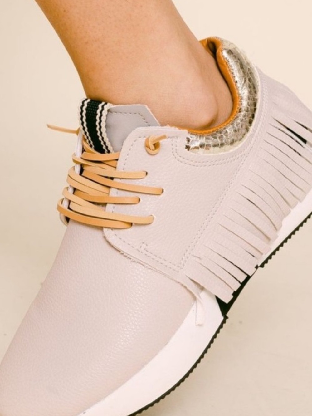 ShuShop Pepa Fringe Sneakers Gold Snakeskin Heel Bone Tan Western Shoes - Picture 14 of 14